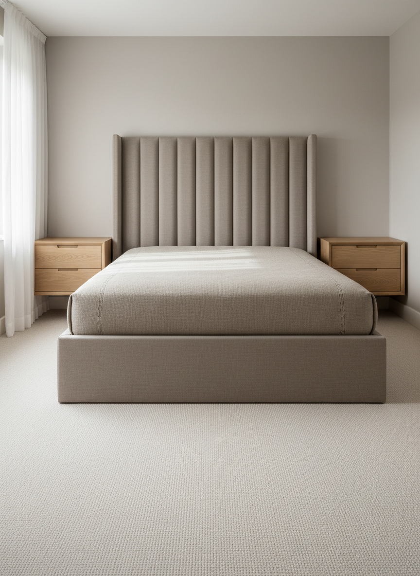 A serene bedroom in an Edenbridge, Kent home, centered around a custom-made upholstered bed with a tall, fluted headboard in textured taupe fabric, framed by bespoke floating bedside cabinets in pale oak with discreet handleless drawers. The room features soft neutral walls, a finely woven wool carpet, and a single large window with sheer curtains allowing diffused morning light to wash across the bed and furniture. Photographic realism, shot from a slightly elevated angle at the foot of the bed, ensuring every seam, stitch, and wood joint is visible in crisp detail. The composition is minimalist and balanced, with negative space around the bed to convey calm, while the mood is restful, refined, and quietly luxurious.