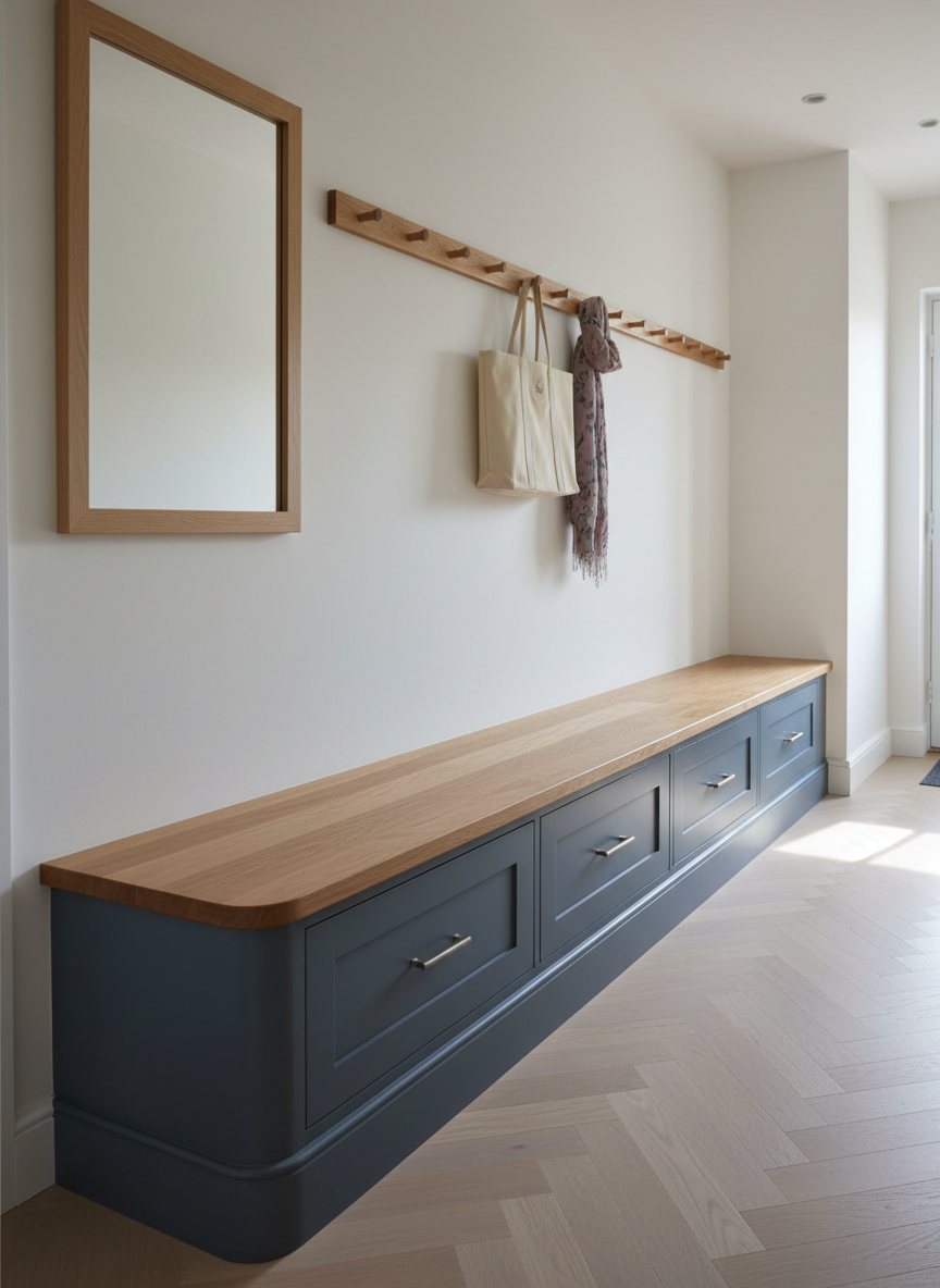 A hallway in a Surrey family home featuring a bespoke built-in storage bench in painted hardwood, finished in a deep, sophisticated blue-grey with a smooth satin sheen. The bench has panelled fronts with subtle beading, integrated soft-close drawers, and a solid oak seat with rounded edges showing fine grain. Above the bench, a series of minimalist peg rails and a simple framed mirror without text create a practical yet refined arrangement. Soft, cool daylight filters along the corridor from an unseen door, casting elongated shadows on the pale wooden floor. Photographic realism with a side-on composition at eye level, emphasizing length and proportion. The atmosphere is organized, welcoming, and polished, ideal for illustrating tailored storage solutions.