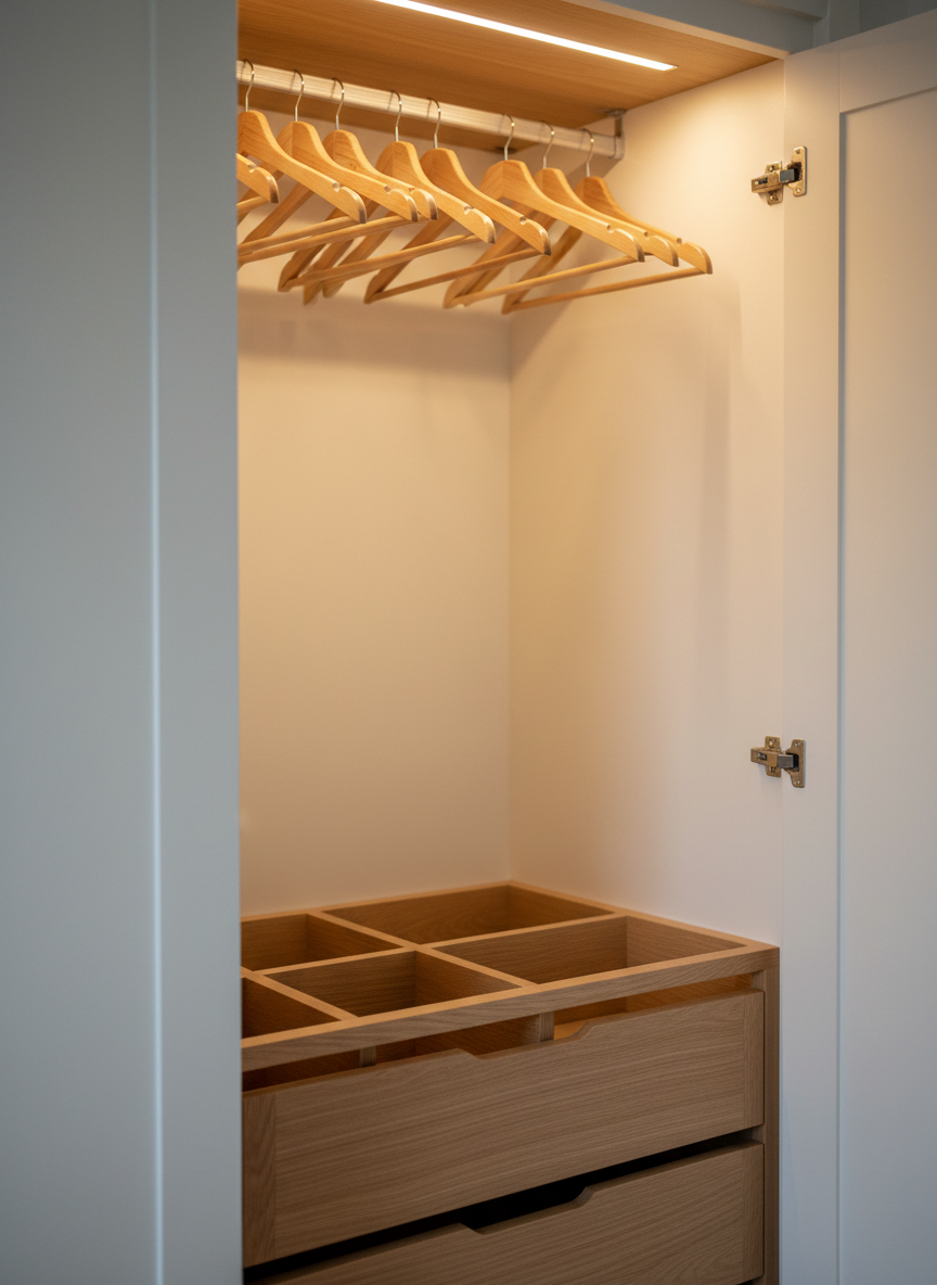 A close-up, detail-focused shot of a bespoke wardrobe interior in a London bedroom, highlighting solid oak hanging rails, neatly divided drawers with dovetail joints, and integrated soft LED strip lighting recessed into the top panel. The wardrobe carcass is finished in a smooth, warm white, contrasting with the natural wood interiors. The doors are just ajar, revealing the careful organisation without any visible clothing. The built-in lighting provides a gentle, warm glow that catches the edges of each compartment and creates delicate shadows within the joinery. Photographic realism with a tight, macro-style composition, sharp focus on the craftsmanship details, and a softly blurred periphery. The mood is meticulous, luxurious, and highly functional, celebrating precision and interior detailing.