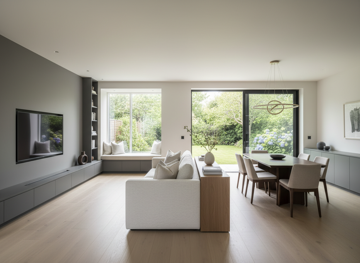 An open-plan living-dining area in a contemporary Surrey home, showcasing a coordinated suite of bespoke furniture: a low, handleless media unit in matt lacquer, a slim console table behind a sofa, and a built-in window seat upholstered in textured ivory fabric. The large sliding doors open to a green garden, filling the space with bright but diffused daylight that gently reflects off the oak floor and muted walls. Photographic realism with a wide-angle lens, capturing the full relationship between pieces while keeping lines straight and architectural. The composition uses the rule of thirds, drawing the eye from the seating to the dining area. The mood is airy, sophisticated, and cohesive, emphasizing how custom furniture can unify open spaces.