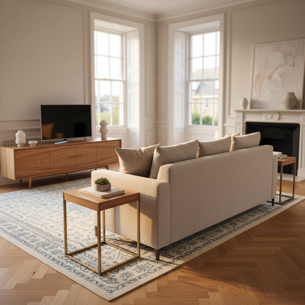 A meticulously crafted bespoke living room arrangement featuring a slimline oak media console with fine grain detailing, a low-profile linen sofa in a soft stone hue, and a pair of custom side tables with brushed brass legs. The scene is set in an elegant Surrey townhouse interior with tall sash windows, pale plaster walls, and herringbone oak flooring. Soft late-afternoon natural light streams in, creating gentle highlights along the wood edges and subtle shadows beneath the furniture. Photographic realism, shot at eye level with a slight angle across the room, using a shallow depth of field to keep the furniture in crisp focus while the background mouldings softly blur. The mood is sophisticated, calm, and inviting, conveying tailored craftsmanship and understated luxury.