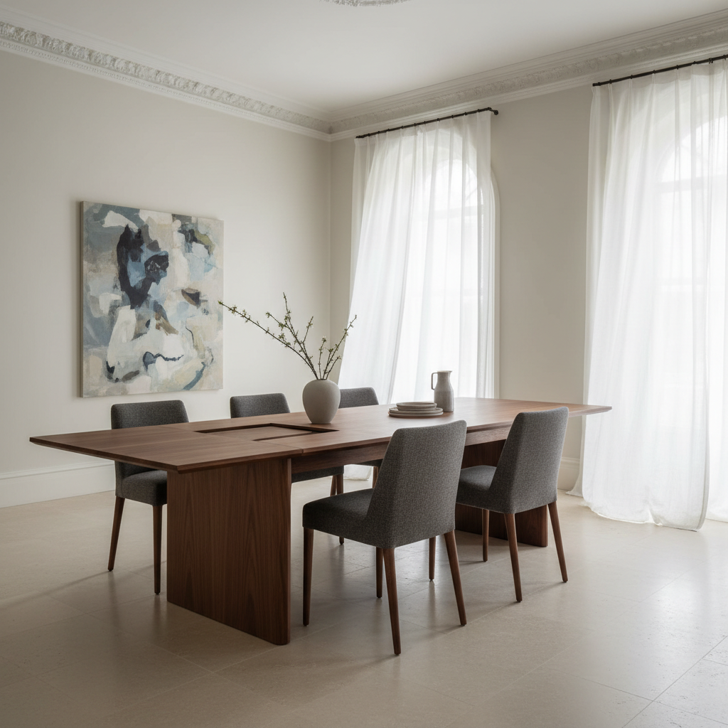 A refined dining space showcasing a bespoke extendable dining table in rich walnut with a slim chamfered edge and seamlessly integrated extension leaf, paired with custom upholstered dining chairs in muted charcoal wool. The setting is a London period apartment with high ceilings, original cornicing, and large windows framed by soft white linen curtains. Morning daylight filters in, reflecting off a matte-finished, pale limestone floor and highlighting the subtle sheen of the wood grain. Photographic realism with a three-quarter view composition, the table placed on the rule of thirds, capturing depth down the length of the room. The mood is modern yet timeless, emphasizing craftsmanship, attention to proportion, and the sense of a space designed for intimate gatherings.
