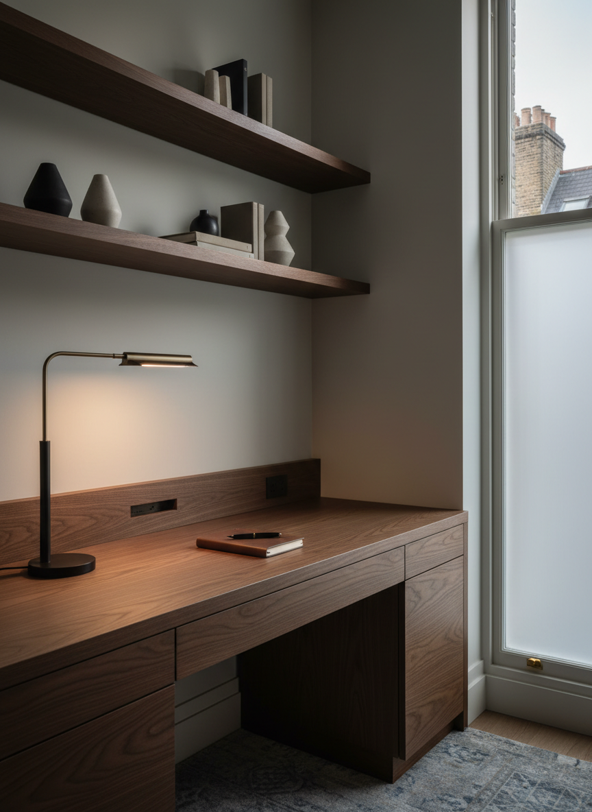 A sophisticated home office corner designed for a London townhouse, featuring a bespoke built-in desk in dark-stained oak with a slim profile, integrated drawers, and a carefully recessed cable management channel. Above, finely proportioned floating shelves in matching wood display curated, non-descript objects in muted tones. The desk is set against a soft greige wall, adjacent to a tall window with city rooftops faintly visible through frosted glass. Late-afternoon natural light enters from the side, creating gentle contrast and a soft glow along the desk edge, while a subtle desk lamp adds a warm accent. Photographic realism, captured at an oblique angle with medium depth of field, emphasizing the workmanship of the joinery. The mood is focused, elegant, and quietly productive.