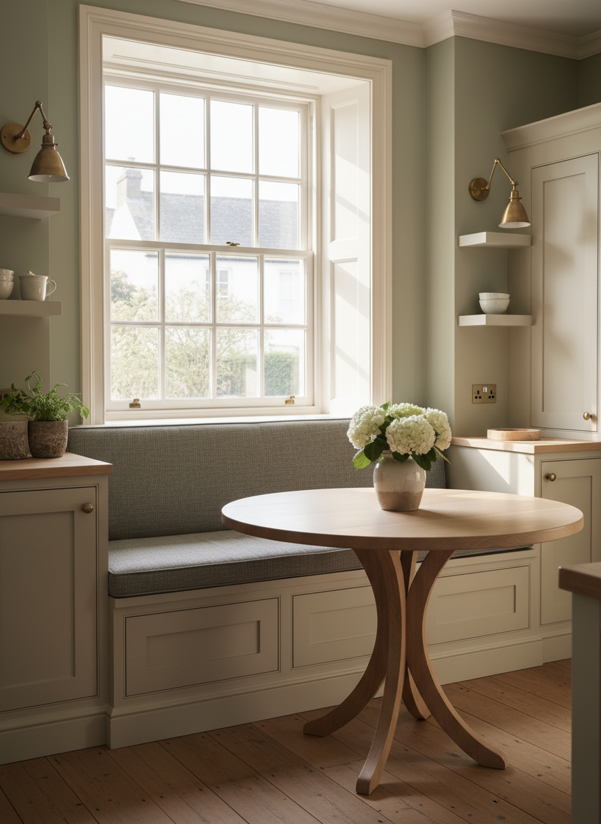 A refined Surrey kitchen-diner featuring a bespoke banquette seating nook beneath a large sash window, the bench base in painted timber with shaker panelling and a carefully upholstered seat in a durable dove-grey fabric. A round custom pedestal table in pale oak sits in front, its base subtly sculpted to allow comfortable legroom. Soft midday natural light streams through the window, highlighting the texture of the upholstery and the gentle sheen of the table’s protective finish. Photographic realism, captured from a slightly elevated three-quarter view to showcase the interplay between joinery, textiles, and architecture. The mood is welcoming and sociable yet composed, illustrating how made-to-measure furniture can create efficient, elegant dining spaces in period homes.