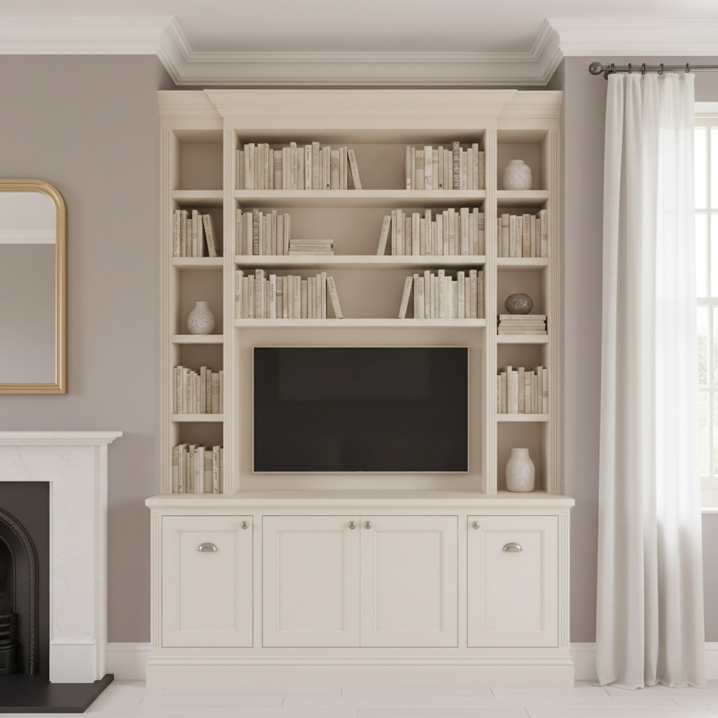 A bespoke fitted alcove unit in an elegant Surrey living room, featuring hand-painted cabinetry in warm off-white with delicate shaker detailing, integrated bookshelves, and a central niche for a television framed by slim mouldings. The cabinetry sits against a soft grey wall, flanked by a working fireplace on one side and a tall window on the other. Natural overcast daylight diffuses evenly across the scene, softly illuminating the satin paint finish and brushed nickel hardware. Photographic realism, captured straight-on to emphasize symmetry and clean lines, with sharp focus from foreground skirting boards to the ceiling cornice. The atmosphere is orderly, composed, and sophisticated, communicating bespoke joinery, precise installation, and a harmonious fit with traditional Surrey architecture.